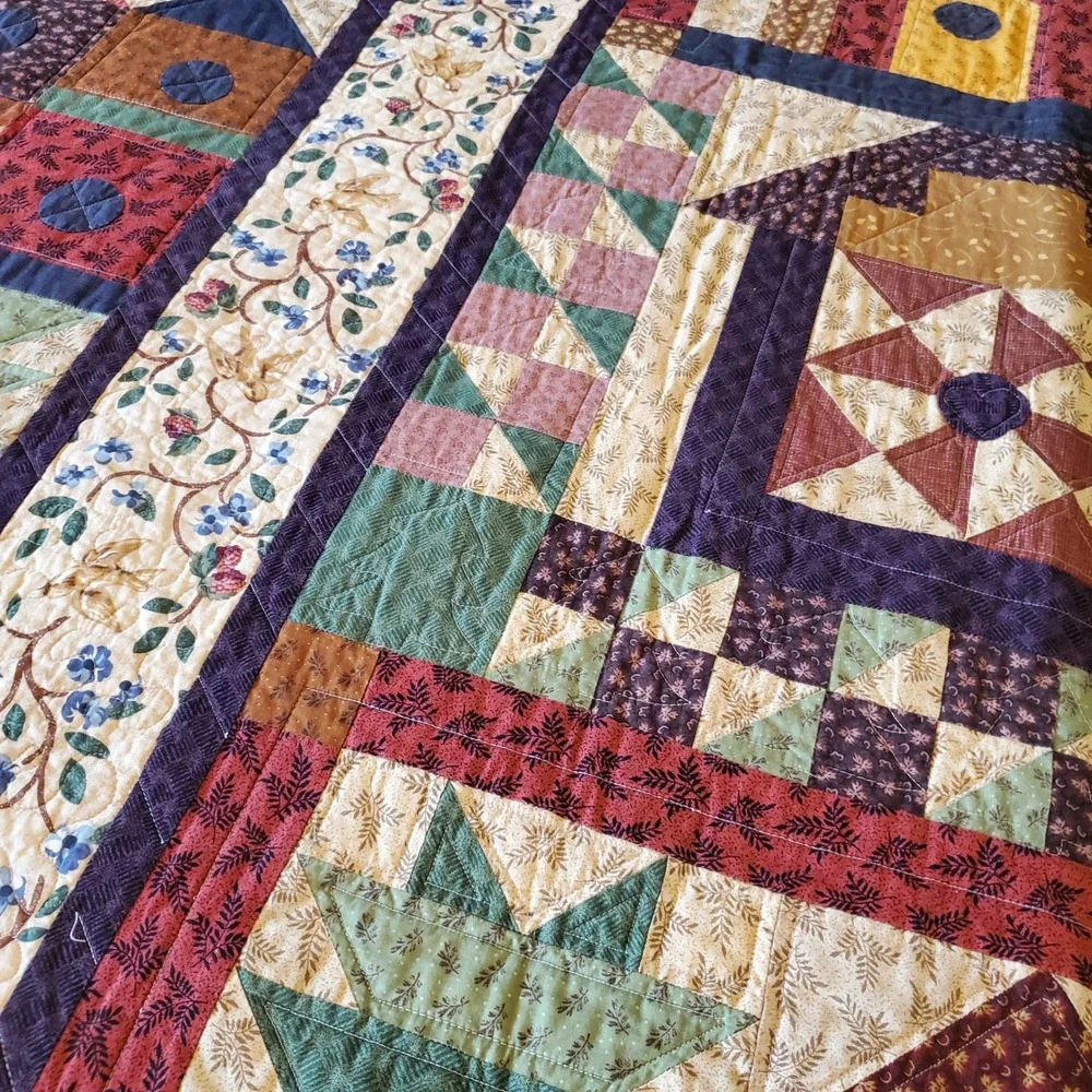 Handmade Safe Haven Cotton Heirloom Quilt Queen Patchwork Birdhouse Multi-Color